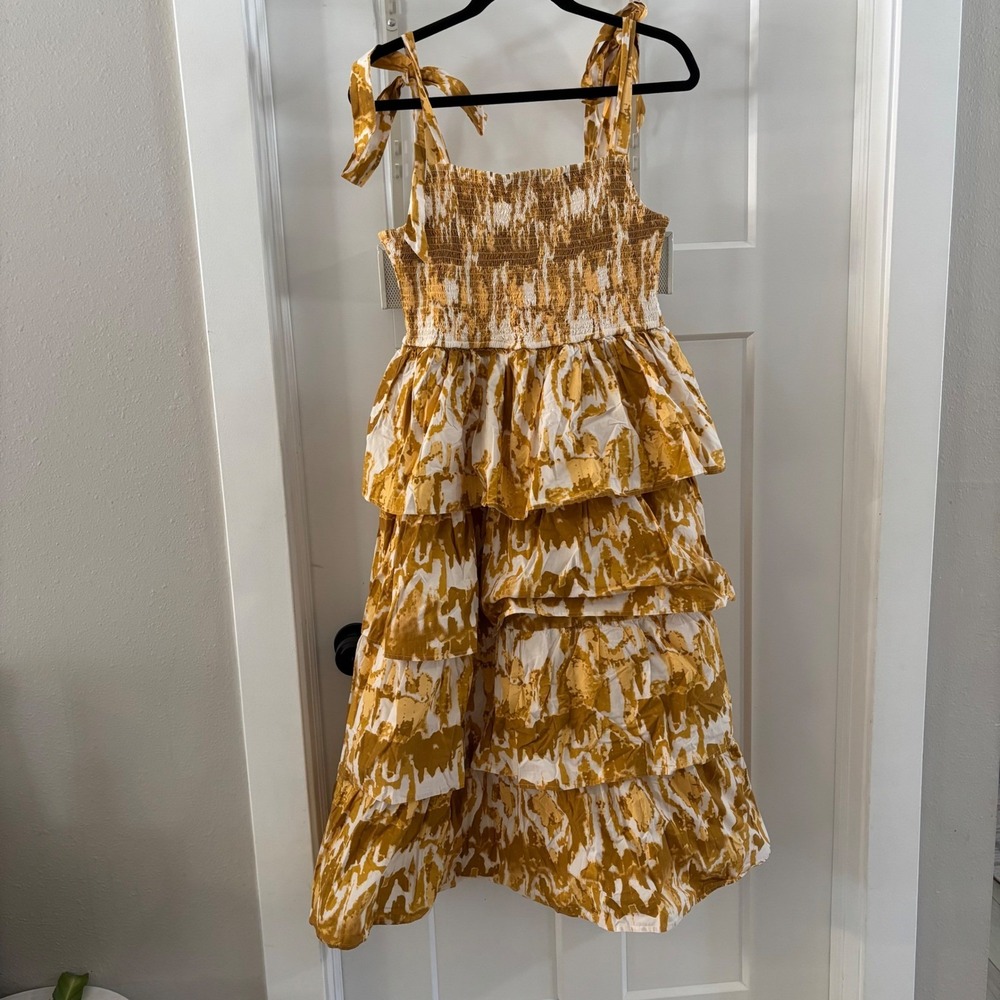 Cleobella Shae Ruffle Tiered Midi Dress Yellow Tie Shoulder Smocked Boho Large
